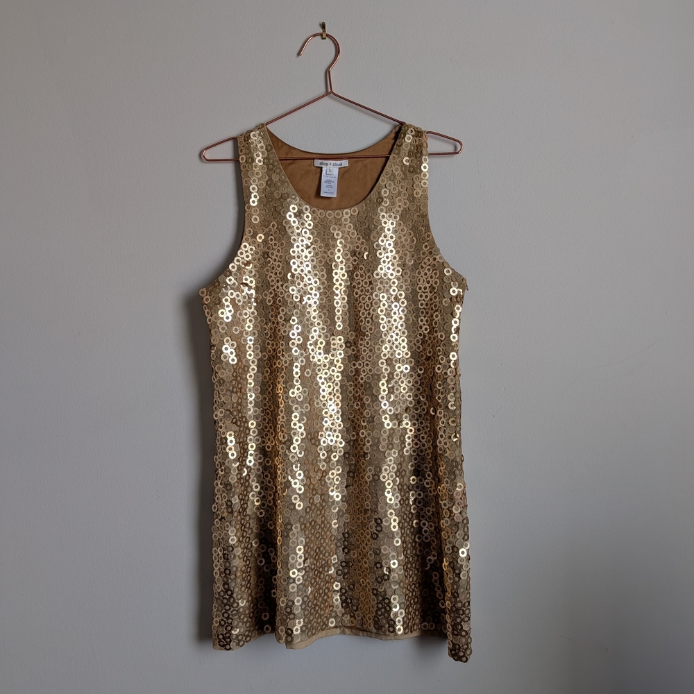 Alice + Olivia 100% Silk Lined Gold Sequin Mini Shift Dress Size M - L